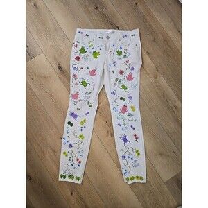 Hand Painted Boho Hippie Cottage Nature Artsy White Jeans Juniors 13 Frogs Bugs